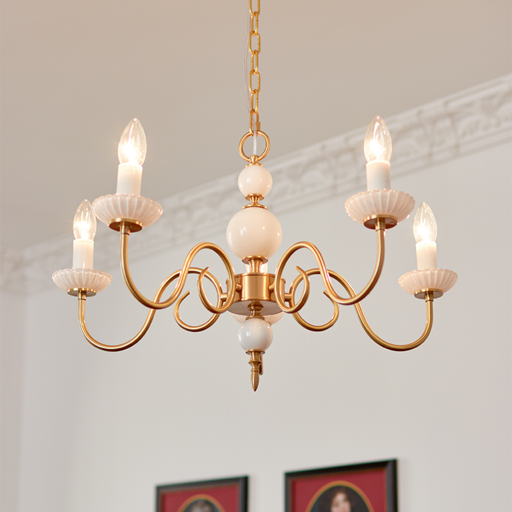 Kremowy szklany żyrandol amerykański retro metalowy żyrandol lampa sypialniana